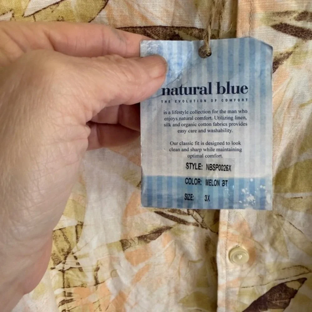 Natural Blue Button Up Shirt Mens 3X Melon BT Linen‎ Blend Tropical Floral NEW